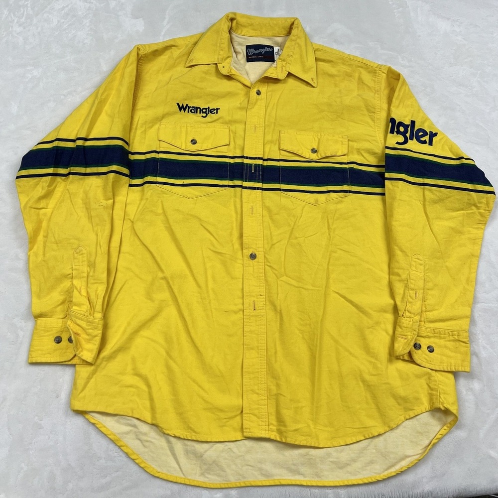 Wrangler Work Shirt Mens XL Yellow Navy Stripe Logo Long Sleeve Button Down